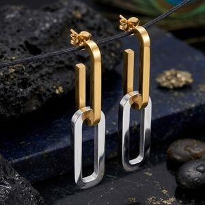 18K Gold Plated 316L Stainless Steel Two Tone Convertible Link Drop Earrings